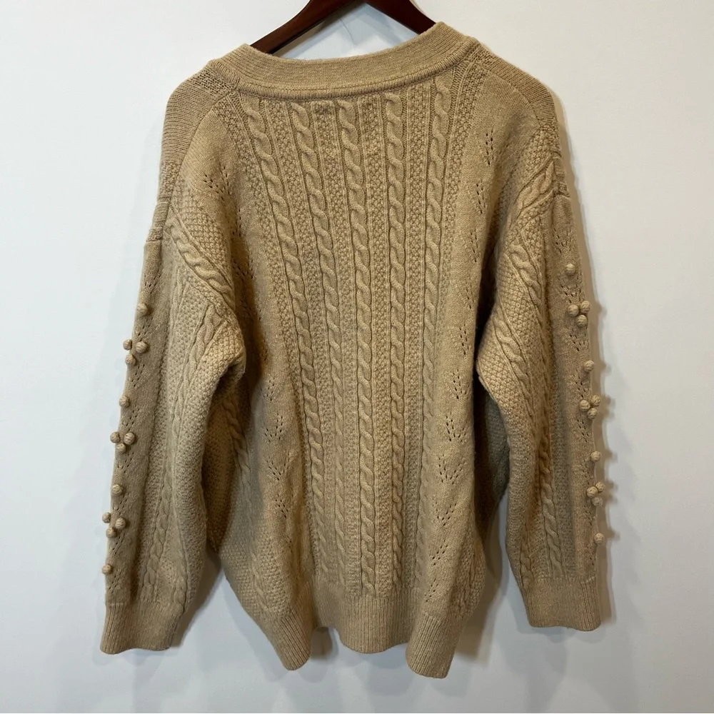 Sandro Ingrid Pom-Pom Cardigan MEDIUM Tan Cable-knit Sweater Pockets VGC - Picture 10 of 14